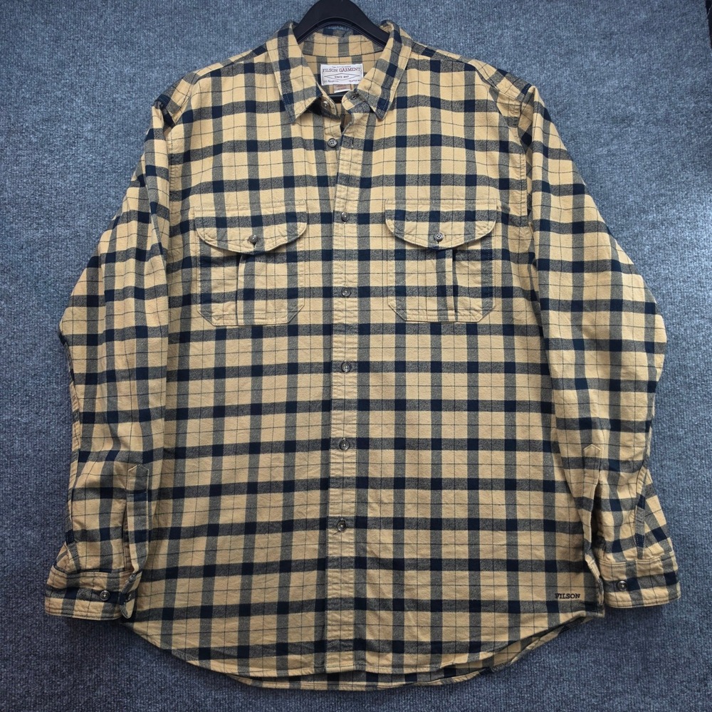 Filson Mens Lightweight Flannel Shirt XL Long Yellow Black Check Plaid 12007 CK‎